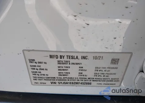 2021 Tesla Model S Plaid Tri Motor All-Wheel Drive from USA, damaged, VIN 5YJSA1E62MF452886